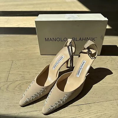 Manolo Blahnik Heel Silver Chain Detail Heel Shoe 39 European Canvas • $300