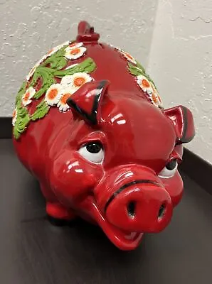 Vintage 1976 Universal Statuary Corp Large Red Plastic Floral Pig Piggy Bank • $54