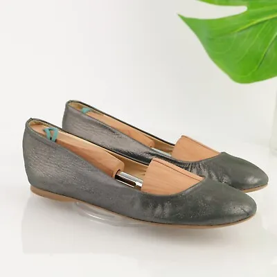 J Crew Women's Cece Ballet Flats Size 6 Iridescent Black Leather Preppy Chic • $29.99