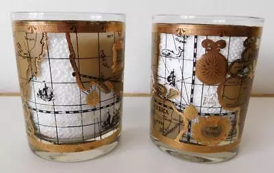 2 CERA Old Fashioned World Map Atlas Gold VTG Lowball Rocks Bourbon Glasses • $37.53