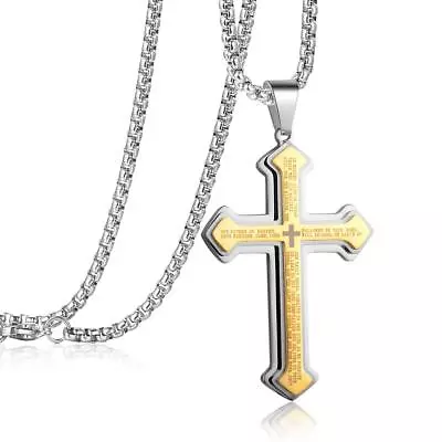 Men Women Big Cross Pendant Necklace Stainless Steel Lord's Prayer Chain 24  • $8.54