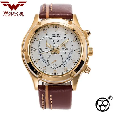 WOLF-CUB Sport Chronograph Mens Watches Gold White Casual Leather Waterproof Dat • $139.95