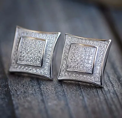 Mens 14k White Gold Plated Silver Square Kite Iced CZ Earrings Studs • $17.99