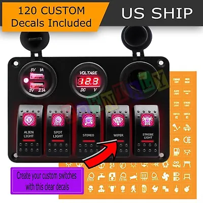 5 Gang Red ON-OFF Toggle Switch Panel 2USB 12V Car Boat Marine RV Truck Camper • $26.95