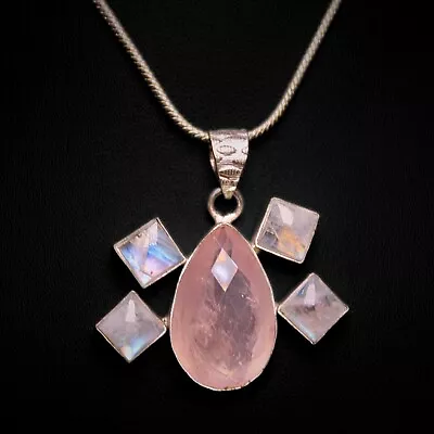 Sterling Silver Pendant Necklace Moonstone & Rose Quartz Cabochon Designs Free  • $31.67