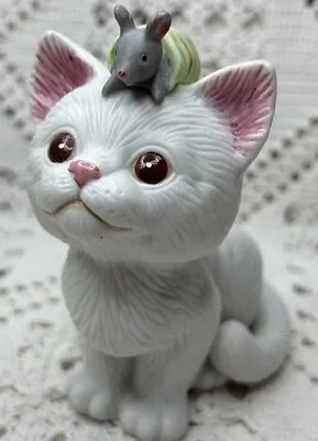 Vintage Enesco Kathy Wise 3.5” Porcelain White Pink Ears Kitten Cat With Mouse • $20