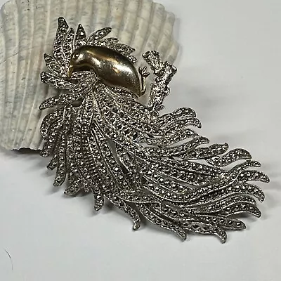 Vintage Large Peacock Bird Brooch Two Tone  Silver Gold Marcasite Like Texture • $50