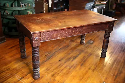 Antique Dining Harvest Table Primitive Industrial Kitchen Island Rustic Wood Leg • $2250