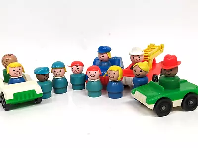 Vintage Fisher Price Little People Lot Of 11 Wooden Figures With 4 Vehicles • $27.97