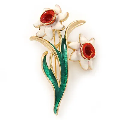 White/ Green/ Orange Daffodil Floral Brooch In Gold Plating - 55mm L • £16.90