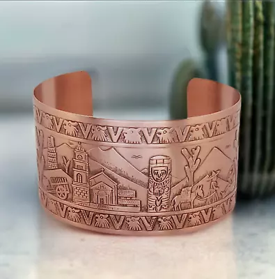 Solid Copper Adjustable Cuff Bracelet With Embossed Mexican Motif Antique Finish • $19.50