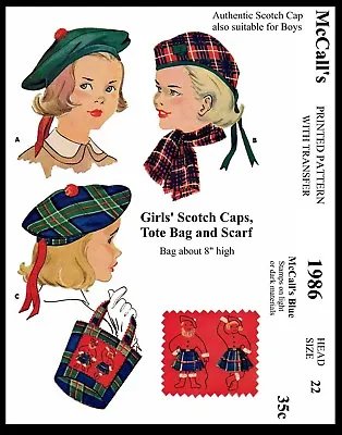 McCall's # 1986 Scottish Beret Hat Cap & Bag Fabric Sewing Pattern Alopecia 22   • $5.49