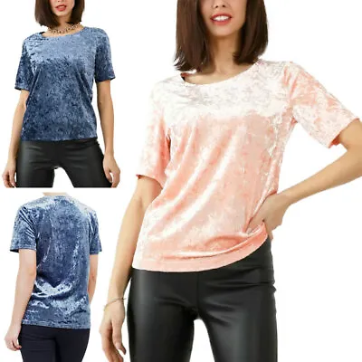 BRAVE SOUL Womens Crew Neck T Shirt Short Sleeve Plain Casual Velvet Tops XS-L • £5.99