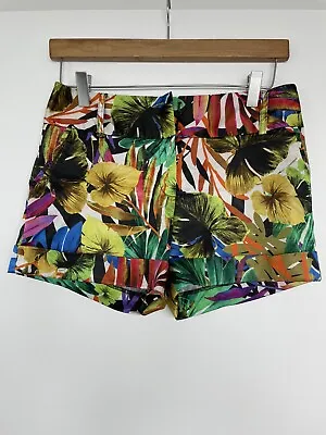 Milly Colorful Floral Pattern Cuffed Satin Shorts Size 4 2 Small • $9.97