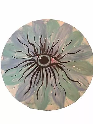 Minimal Evil Eye Round Floral Canvas Painting 10 In. Acrylic Original By Deana • $0.99