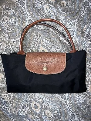Longchamp Le Pliage Medium Tote Bag  Black W/ Brown Leather 18”x 11”  USED • $25