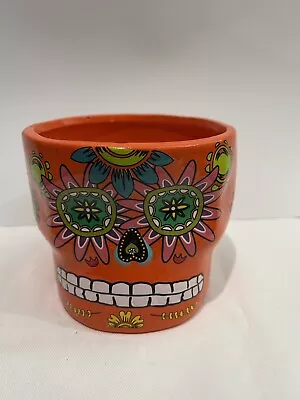 Ceramic Sugar Skull Dia De Los Muertos Planter Halloween Decor 5” Orange • $10