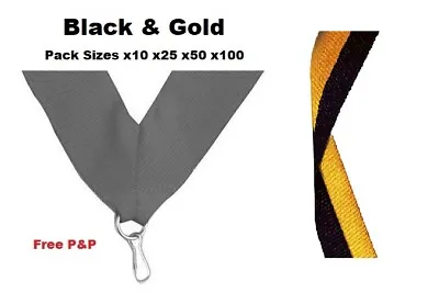 BLACK & GOLD MEDAL RIBBONS LANYARDS WITH CLIP 22mm WOVEN PACKS OF 10/25/50/100 • £2.49
