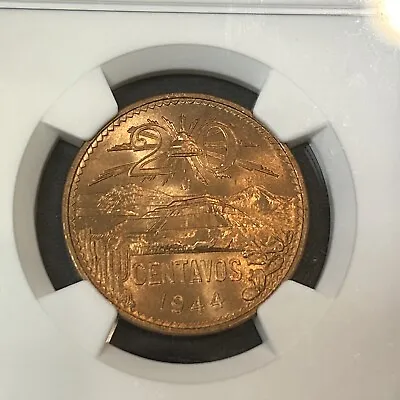 1944 Mo MEXICO 20 CENTAVOS SILVER 20 CENTS NGC MS 66 RD • $250