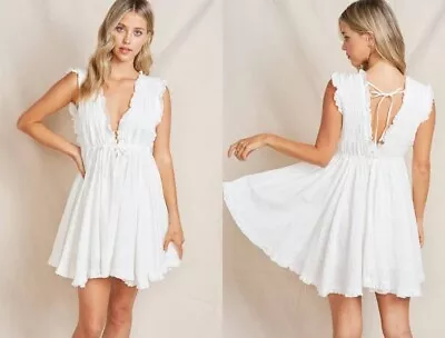 NWT Large White Cotton Mini Swing Dress Ruffle Sleeveless Graduation Bridal • £28.95