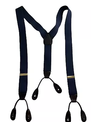 Vintage CAS Mens Suspenders Navy Blue Elastic Brown Leather Button Holes • $15.99