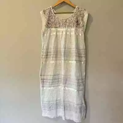 Vintage White Mexican Pastel Bird Floral Embroidery Woven Cotton Dress M-L • $58