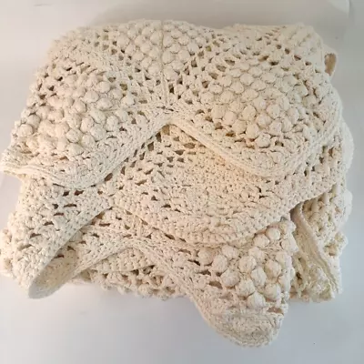 Afghan Throw Knit Chunky Blanket Handmade Crochet Ivory Cream Vintage • £29.99