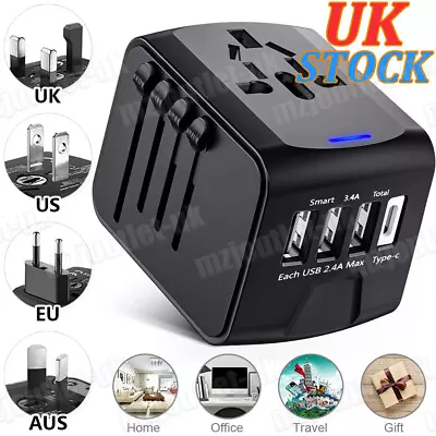 Universal Travel Adapter Worldwide Multi Plug UK EU AU US USB TypeC Fast Charger • £13.85