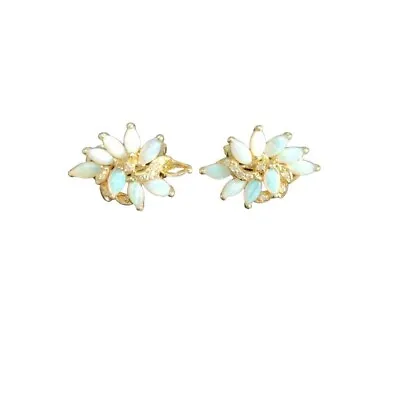 Vintqage 60's 14K Yellow Gold Marquise Opal AND Diamond Earrings • $620