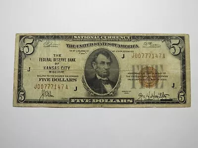 $5 1929 Kansas City MO National Currency Federal Reserve Bank Note Bill FINE • $71.24