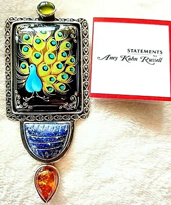 Amy Kahn Russell Sterling Silver Lapis Amber  Hand Painted  Pin Pendant New • $379