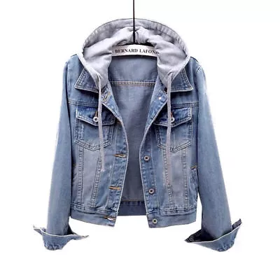 2024 Women Casual Long Sleeve Denim Jacket Coat Hoodies Outwear Hooded Jeans Top • £15.92