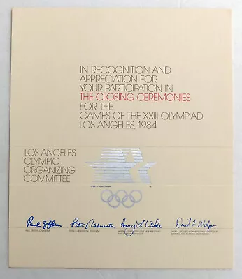$45 • Buy 1984 Los Angeles OLYMPICS LAOOC Participation Certificate, CLOSING CEREMONIES. 