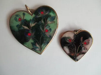 Two Vintage Cloisonne Heart Pendants -- One With Robert Kuo Mark • $9.99