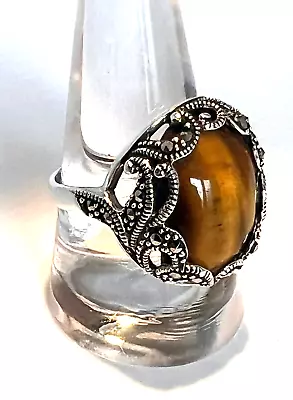 Vintage A 925 Sterling Silver Golden Tiger's Eye Ornate Ring Size 10 Marcasite • $44