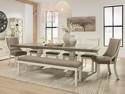 ON SALE - 8 Piece Farmhouse White & Brown Dining Table Chairs Bench Set IC1G • $2188.73
