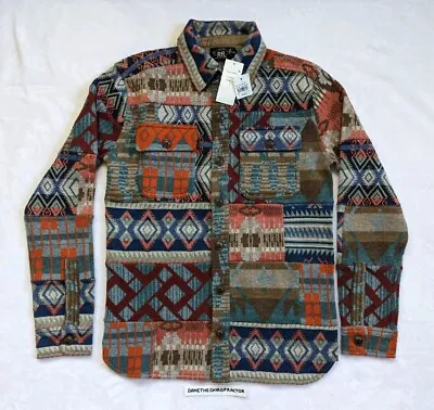 $1600 RRL Patchwork Wool Linen Cashmere Jaquard Knit Cardigan Workshirt S • $1000