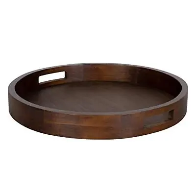 Kate And Laurel Hutton Large Round Wood Tray With Handles Walnut Brown Finish • £80.98