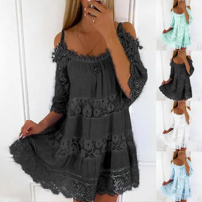 Women Cold Shoulder Mini Dress Strappy Summer Holiday Beach Swing Sundress 8-16 • £15.29