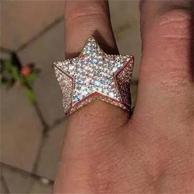 Diamond Inlaid Rhinestone Hip Hop Cubic Zirconia Diamond CZ Star Ring Pentagram • £3.96