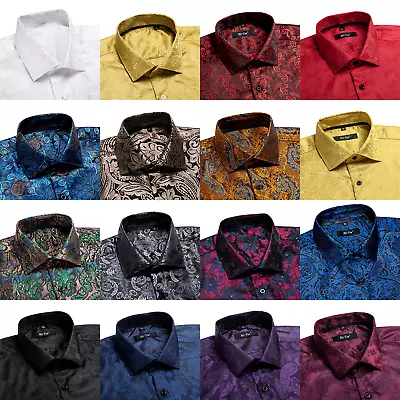 Mens Shirt Black Paisley Silk Button Down Shirts Long Sleeve Casual Dress Shirt • £19.99