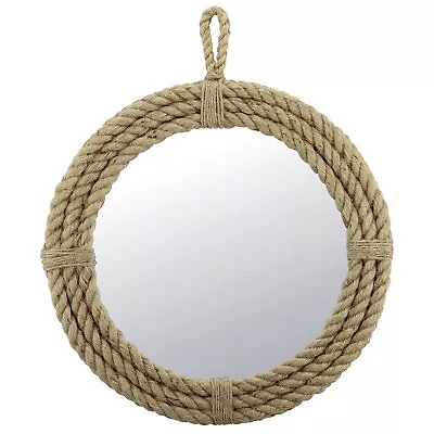 Vintage Nautical 16.5  Round Wall Mirror With Rope Wrapped Trim And Hanging L... • $56.99