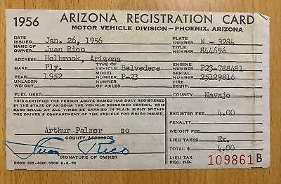 Vintage 1956 Arizona Car Registration Card 1952 Plymouth Belvedere P-23 • $9.78