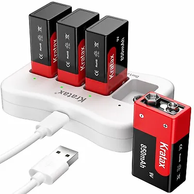 Kratax 850mAh 9V Rechargeable Lithium Ion Batteries USB 9 Volt Battery Charger • £19.16