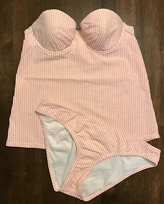 J.Crew 2 Piece Tankini Swimsuit-Peach & White Striped Seersucker *SIZE 2/SMALL* • $30