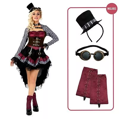 Womens Deluxe Steampunk Costume + Hat Ladies Victorian Gothic Fancy Dress S - XL • $46.95