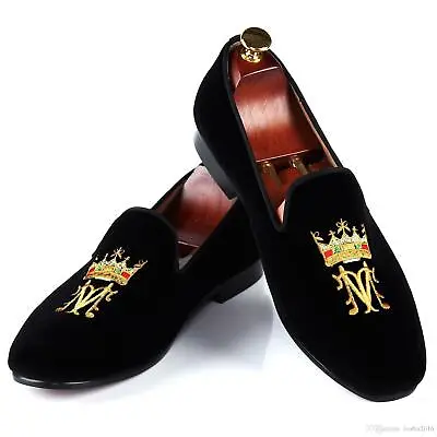 Handmade Men Black Velvet Slippers Crown Embroidery Suede Leather Loafers Shoes • £129.99