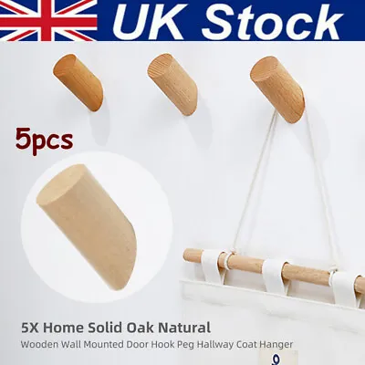 5/10 Pcs Solid Oak Natural Wooden Wall Mounted Door Hook Peg Hallway Coat Hanger • £9.99