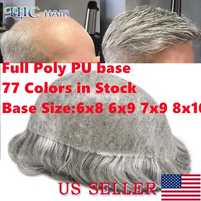 All Poly Mens Toupee Human Hair Replacement System Skin PU Grey Brown Hairpiece • $99.99