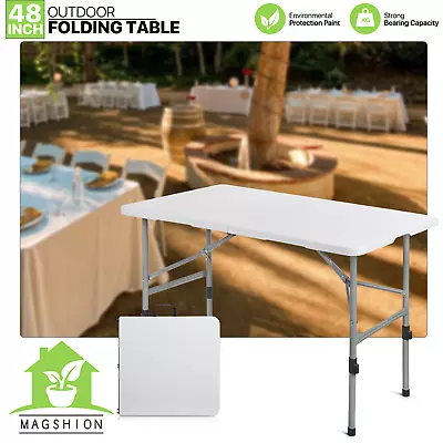 4 Ft White Portable Foldable Plastic Card Table Adjustable Foot Camp Picnic Desk • $54.99